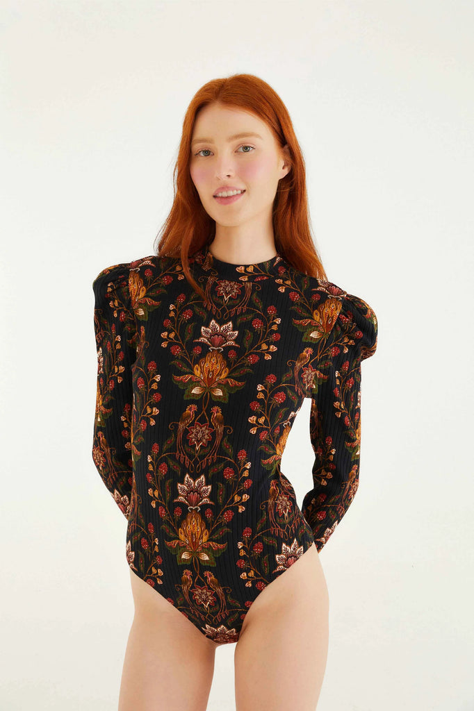 Farm Rio Berry Garden Black Bodysuit