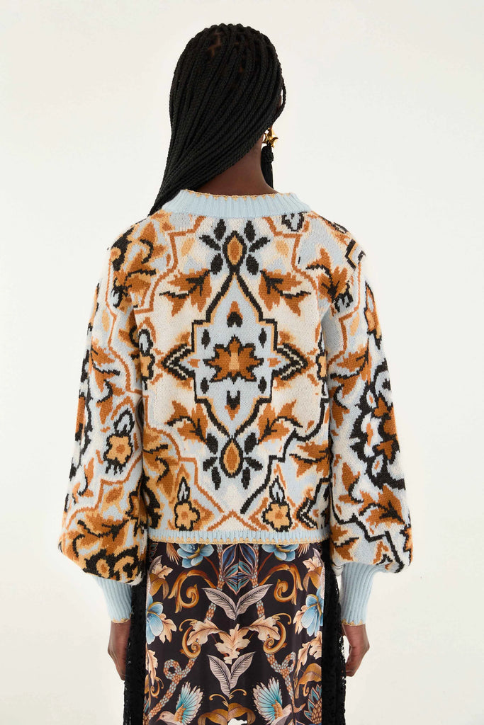 Farm Rio Winter Blue Tapestry Sweater