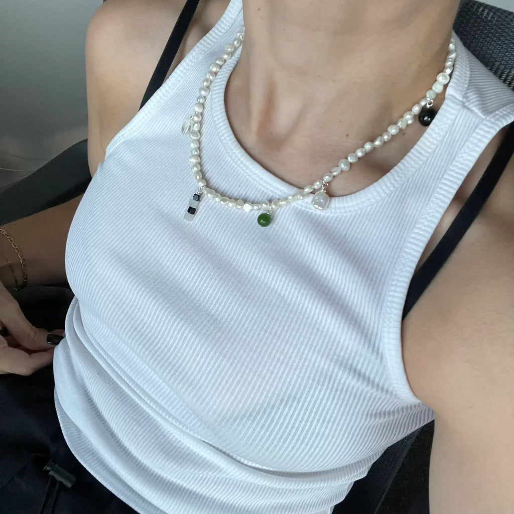 Sea + Pattern Frosted Pearl Charm Necklace